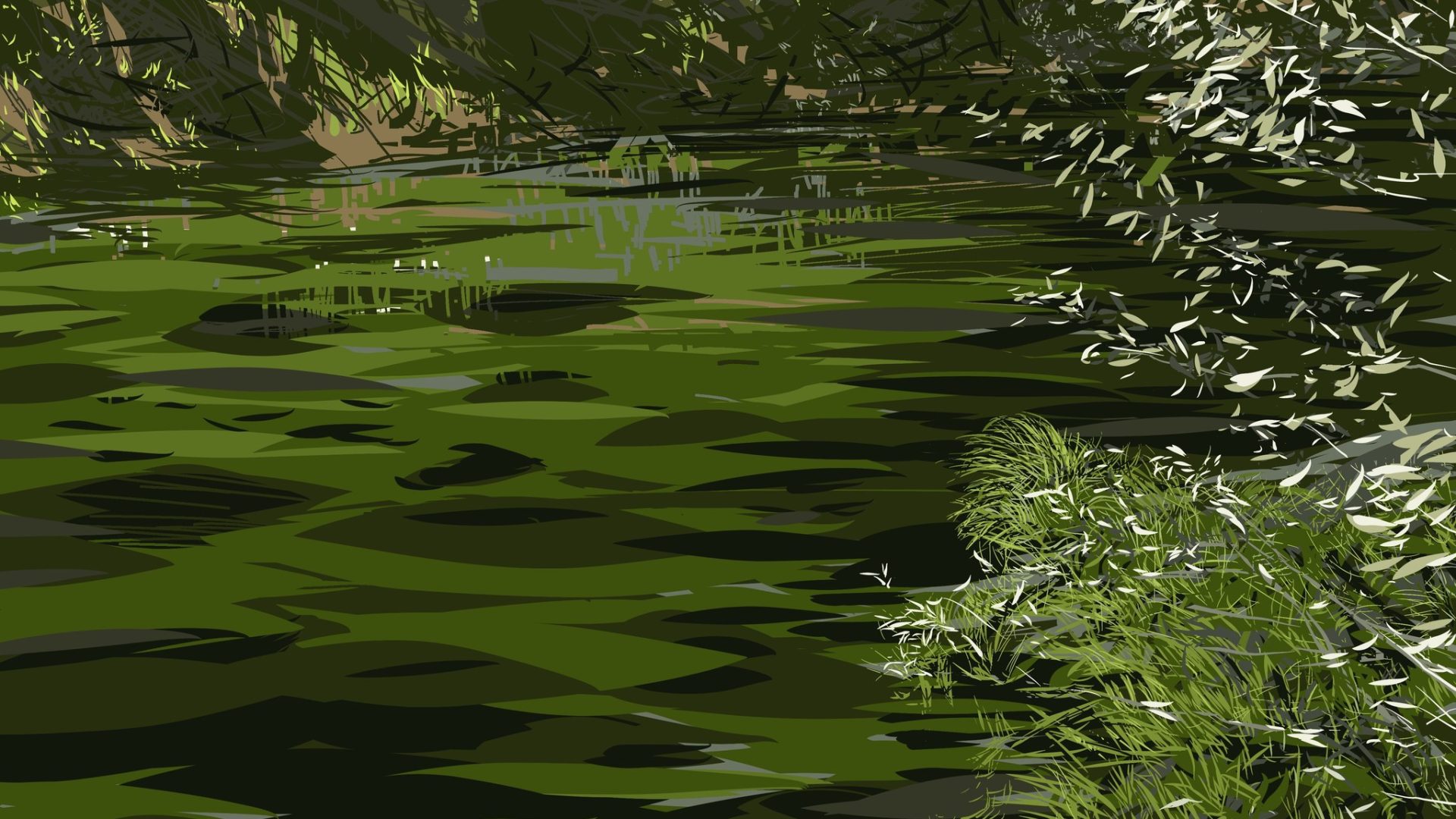 Digital tablet art in a green theme of the Middle Fork of the Merced River in Yosemite National Park