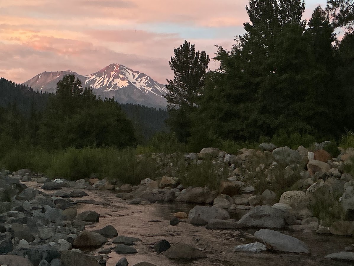 Mt Shasta at Sunset by the Twin Rivers Camp on the South Fork of the Sacramento River
